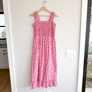 Pieces Cherry Print Shirred Ruffle Sleeveless Midi Dress Pink M